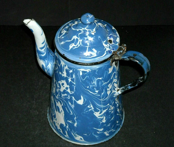 Beautiful IRIS Blue & White Swirl Graniteware Tea Pot - Enamel Ware