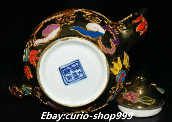 9" Enamel Porcelain Filigree Gold Dragon Crane Birds Tea Pot Cup Tray Tea Set
