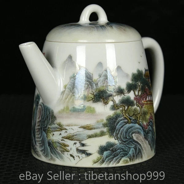 5" Old Chinese Yongzheng Enamel Porcelain Landscape Handle Tea Pot Kettle