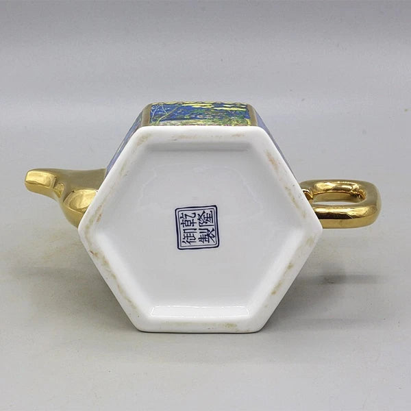 6.5" Chinese Qing Colour Enamels Porcelain Gild Crane Flower Six Sides Teapot