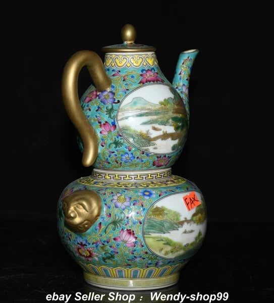8.6" Qianlong Enamel Color Porcelain Gilt landscape Gourd Wine Pot Teapot