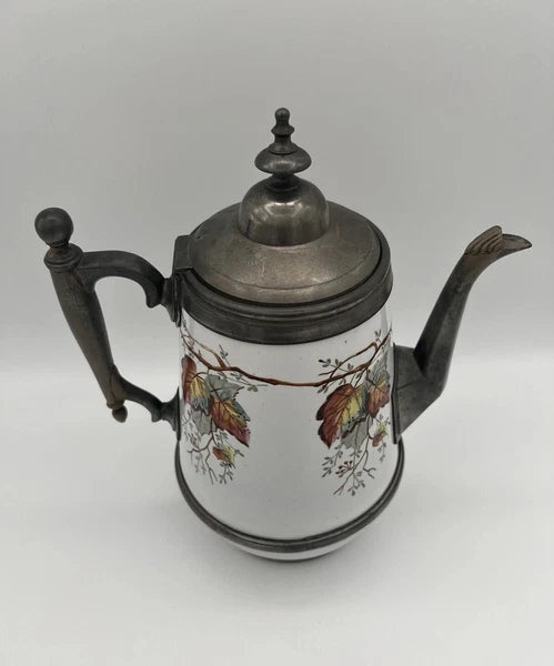 Antique Manning Bowman & Co 11” Teapot Coffee Pot Hand Painted Enamel & Pewter