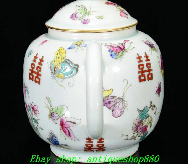 6.7''Qing Yongzheng Marked Enamel Colour Porcelain Butterfly Wine Tea Pot Flagon