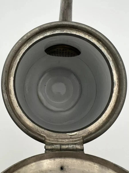 Antique Manning Bowman & Co 11” Teapot Coffee Pot Hand Painted Enamel & Pewter