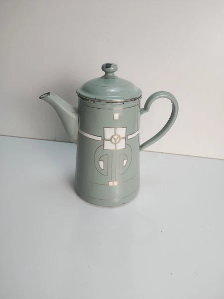Antique Art Nouveau Jugendstil Blue Enamelware W/ Raised Elements Teapot Kettle