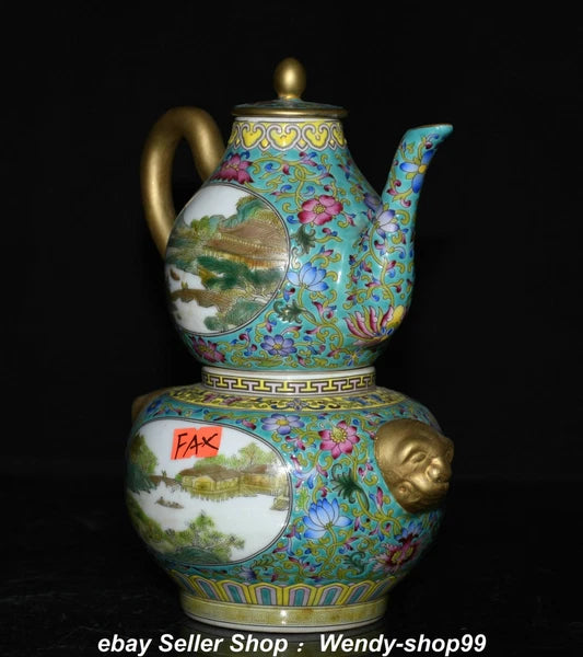 8.6" Qianlong Enamel Color Porcelain Gilt landscape Gourd Wine Pot Teapot