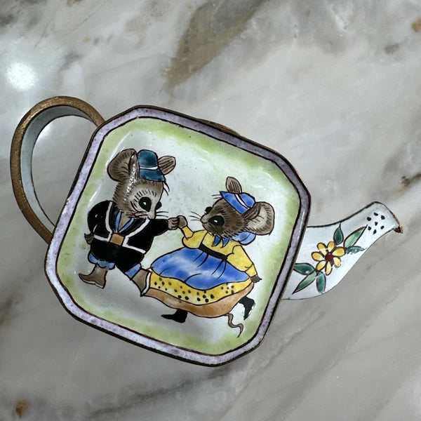 Enamel Miniature Teapot Dancing Mice Charolette Collectibles~Vintage