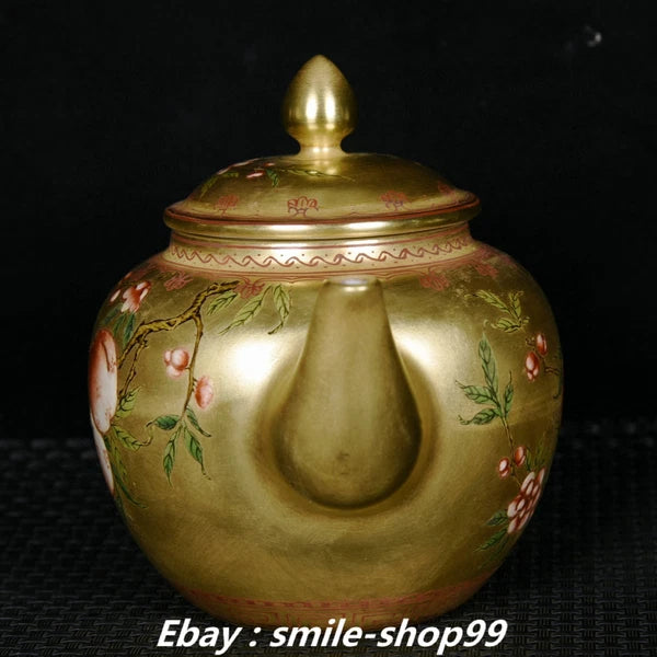 5.7" Qianlong Enamel Colour Porcelain Gold Bat Peach Pattern Wine Tea Pot Flagon