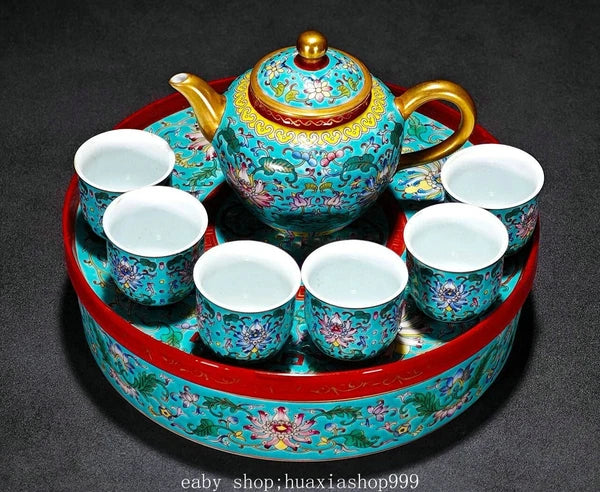 6" YongZheng Colour Enamel Porcelain Gilt Flower Pattern Teapot Cup Tray Set