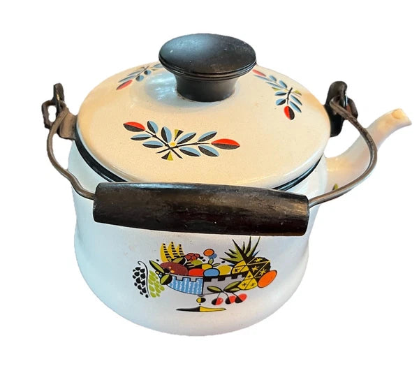 Bergen Enamelware Tea Pot Kettle Scandinavian Swedish Style Offset Wooden Handle