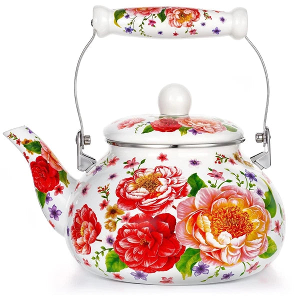 2.6 Quart Floral Enamel Tea Kettle, Vintage Enameled Teapot Stovetop, Enamel ...
