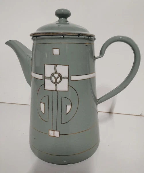 Antique Art Nouveau Jugendstil Blue Enamelware W/ Raised Elements Teapot Kettle