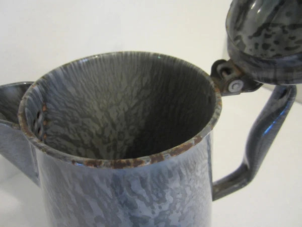 Antique Gray Granite Ware Enamel Coffee Tea Pot Cowboy w/Tin Lid Camping