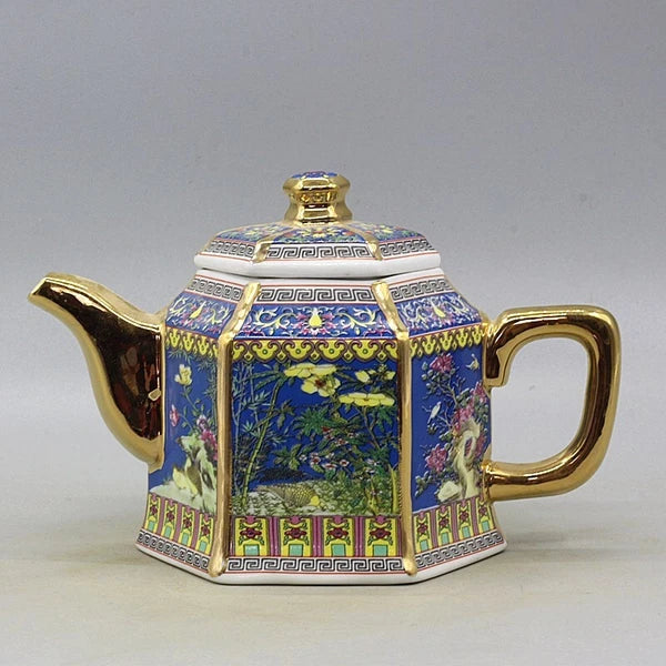 6.5" Chinese Qing Colour Enamels Porcelain Gild Crane Flower Six Sides Teapot