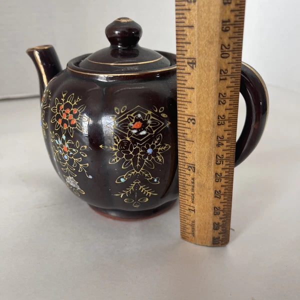 Brown Betty Redware Teapot Moriage Enamel Hand-Painted Mini Japan Vintage 4.5”
