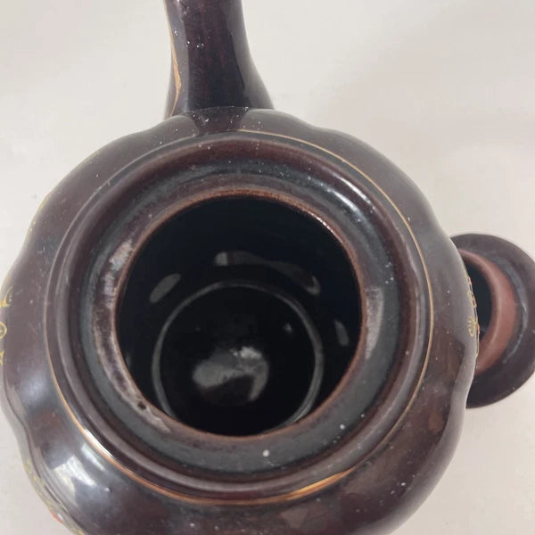 Brown Betty Redware Teapot Moriage Enamel Hand-Painted Mini Japan Vintage 4.5”