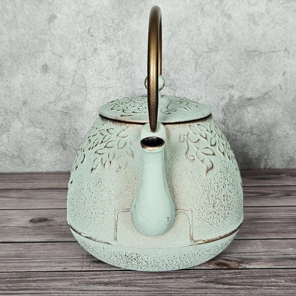Cast Iron Kettle Enamel Interior Leaf Diffuser Sage Green 4-Cup 32oz Tea Pot
