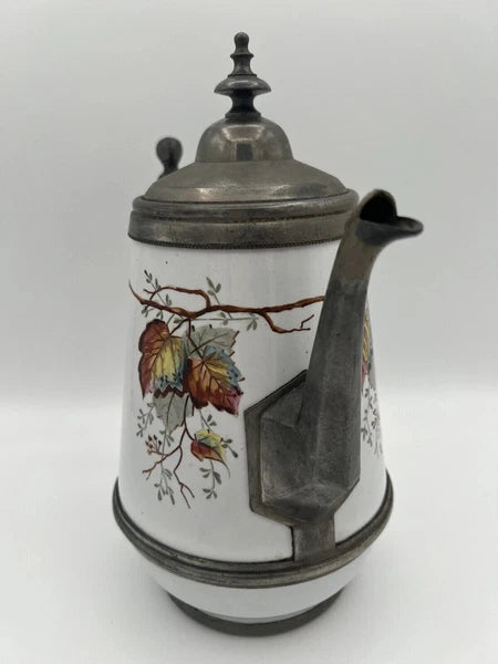 Antique Manning Bowman & Co 11” Teapot Coffee Pot Hand Painted Enamel & Pewter