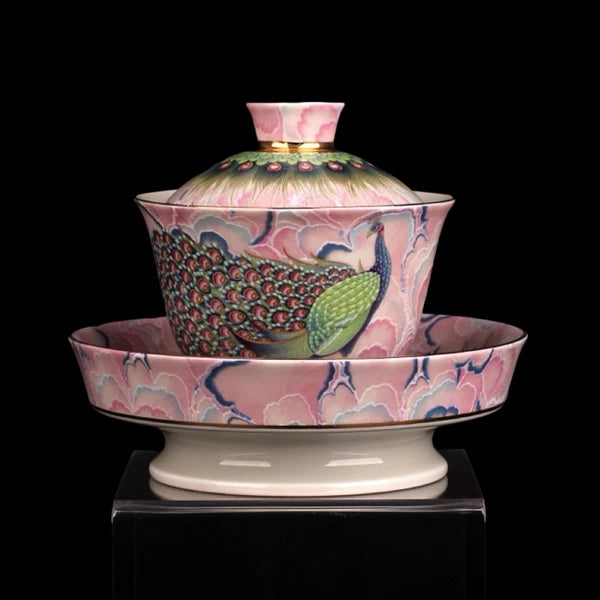 Chinese Antique Coffee Cup Teapot Pink Peacock Enamelled Cloisonne Porcelain