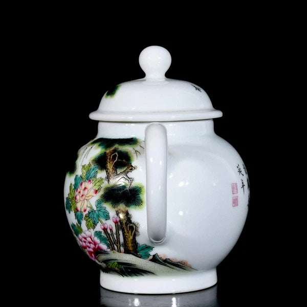China antique Qing Dy Yongzheng Enamel Pine Tree Crane Porcelain Teapot Wine Pot