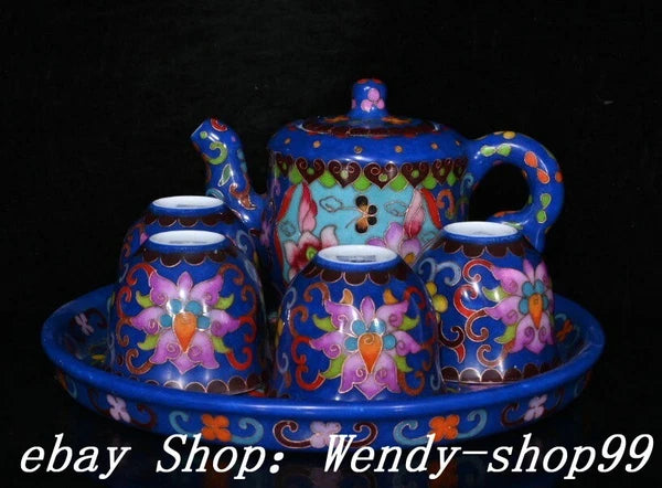 DaMing Chenghua Cloisonne Enamel Porcelain Filigree Flower Teapot Cup Plate Set