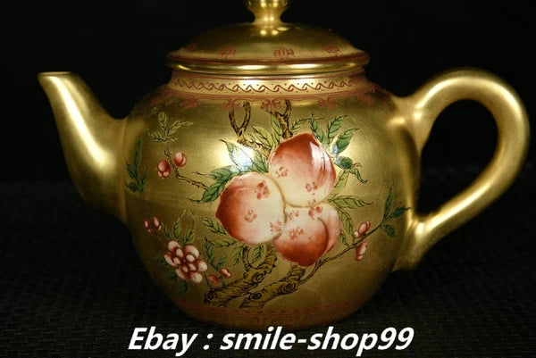 5.7" Qianlong Enamel Colour Porcelain Gold Bat Peach Pattern Wine Tea Pot Flagon