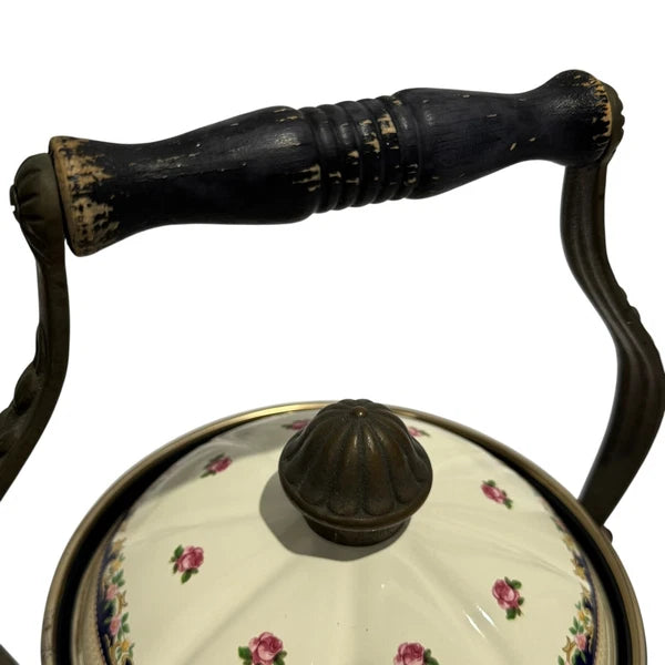 ASTA Enamelware Tea Kettle 1960s Teapot Brass Handles Floral Vtg West Germany