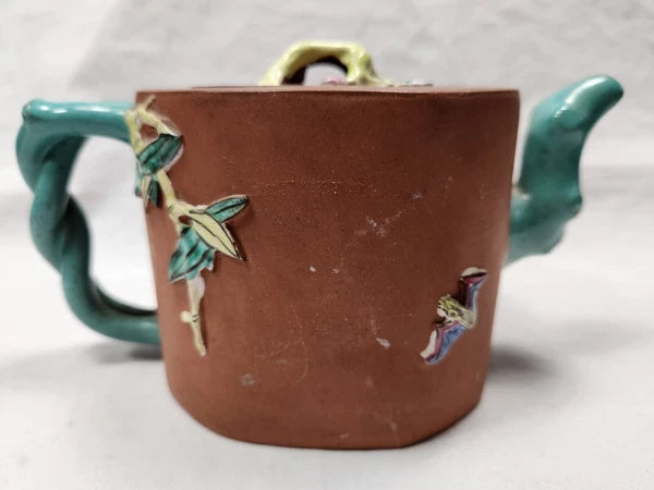 CHINESE YIXING ZISHA TEAPOT Enameled Decoration Flowers Signed Vintage