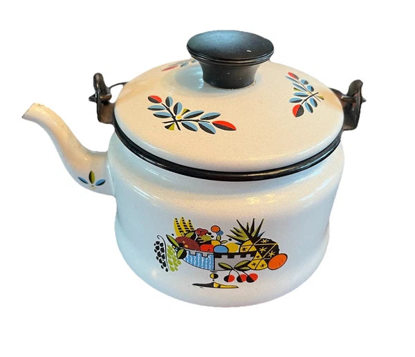 Bergen Enamelware Tea Pot Kettle Scandinavian Swedish Style Offset Wooden Handle