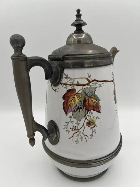Antique Manning Bowman & Co 11” Teapot Coffee Pot Hand Painted Enamel & Pewter