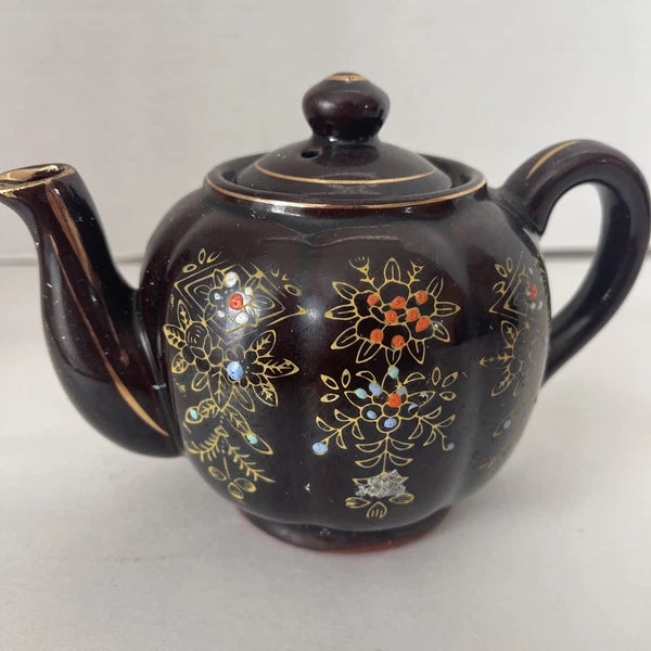 Brown Betty Redware Teapot Moriage Enamel Hand-Painted Mini Japan Vintage 4.5”