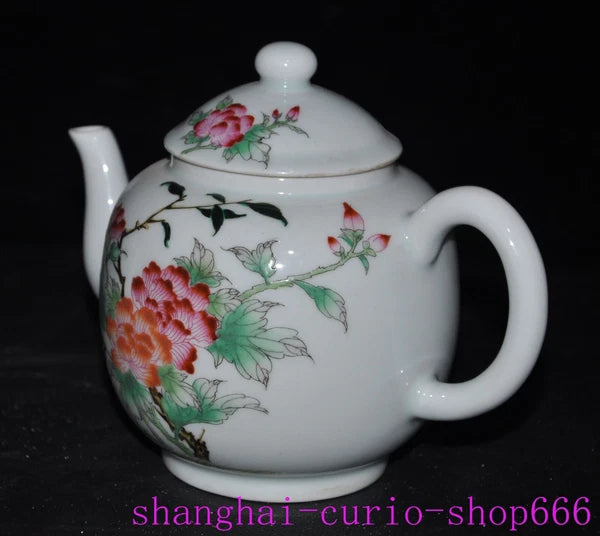 6.6"Qing Dynasty Qianlong enamel porcelain flowers text Tea set Teapot statue