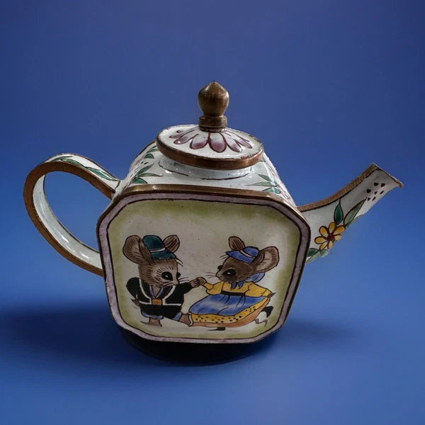 Enamel Miniature Teapot Dancing Mice Charolette Collectibles~Vintage