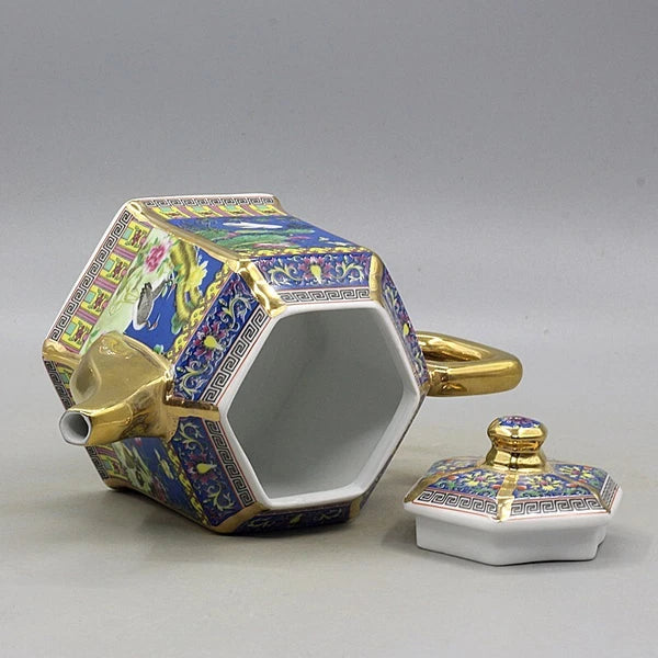 6.5" Chinese Qing Colour Enamels Porcelain Gild Crane Flower Six Sides Teapot