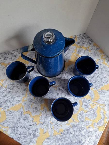 Enamelware Coffee Tea Pot Kettle With Lid and 5 Cups-Blue And White Speckled  S