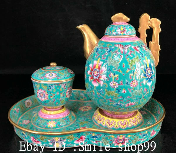 7.8" Old Qing Dynasty Enamel Colour Porcelain Gilt Wine Tea Pot Flagon Cup Set
