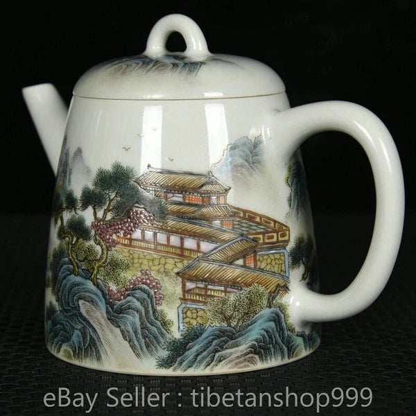 5" Old Chinese Yongzheng Enamel Porcelain Landscape Handle Tea Pot Kettle