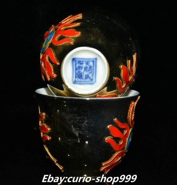 9" Enamel Porcelain Filigree Gold Dragon Crane Birds Tea Pot Cup Tray Tea Set