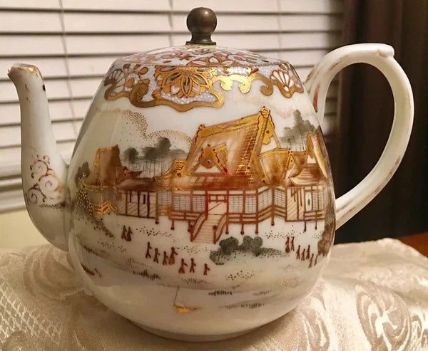 Beautiful Chinese Emperor Palace Landscape Dynasty Scene Porcelain Enamel Teapot