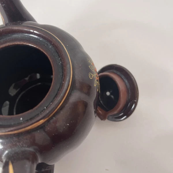 Brown Betty Redware Teapot Moriage Enamel Hand-Painted Mini Japan Vintage 4.5”