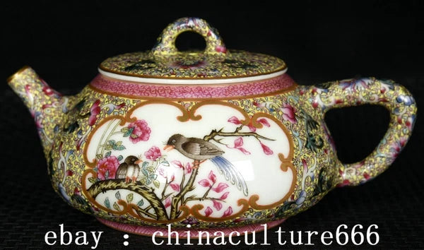 6" Qianlong Dynasty Colour Enamel Porcelain Flower Bird Animal Lid Teapot Pot