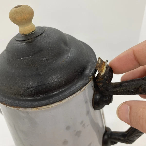 Antique American GRANITEWARE Grey Mottled Enamel Gooseneck 8" Teapot Coffee