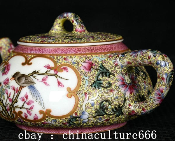 6" Qianlong Dynasty Colour Enamel Porcelain Flower Bird Animal Lid Teapot Pot