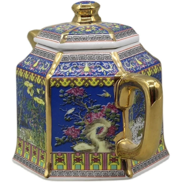 6.5" Chinese Qing Colour Enamels Porcelain Gild Crane Flower Six Sides Teapot