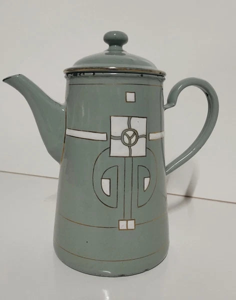 Antique Art Nouveau Jugendstil Blue Enamelware W/ Raised Elements Teapot Kettle