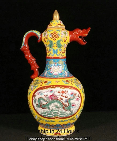11.6" Qianlong Marked Enamel Porcelain Dragon Phoenix Beast Head Wine Tea Pot