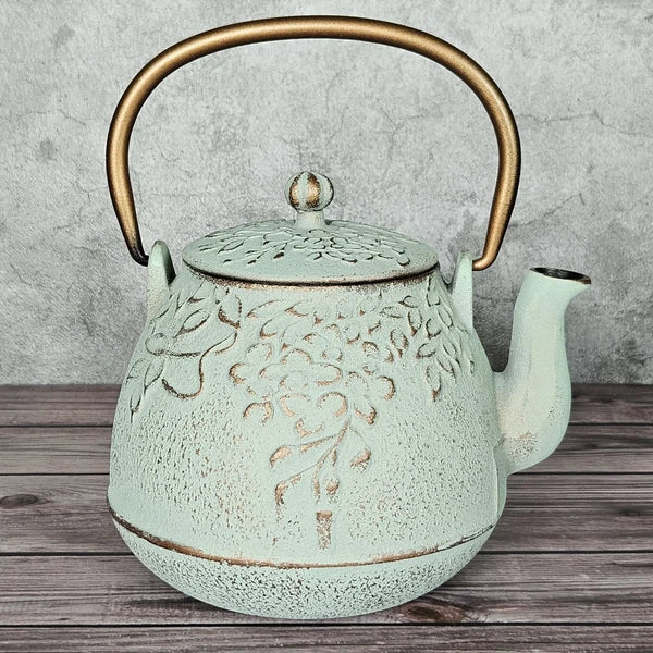 Cast Iron Kettle Enamel Interior Leaf Diffuser Sage Green 4-Cup 32oz Tea Pot
