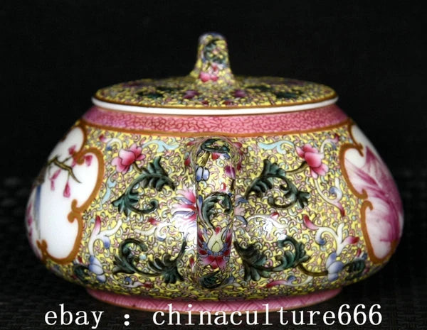 6" Qianlong Dynasty Colour Enamel Porcelain Flower Bird Animal Lid Teapot Pot