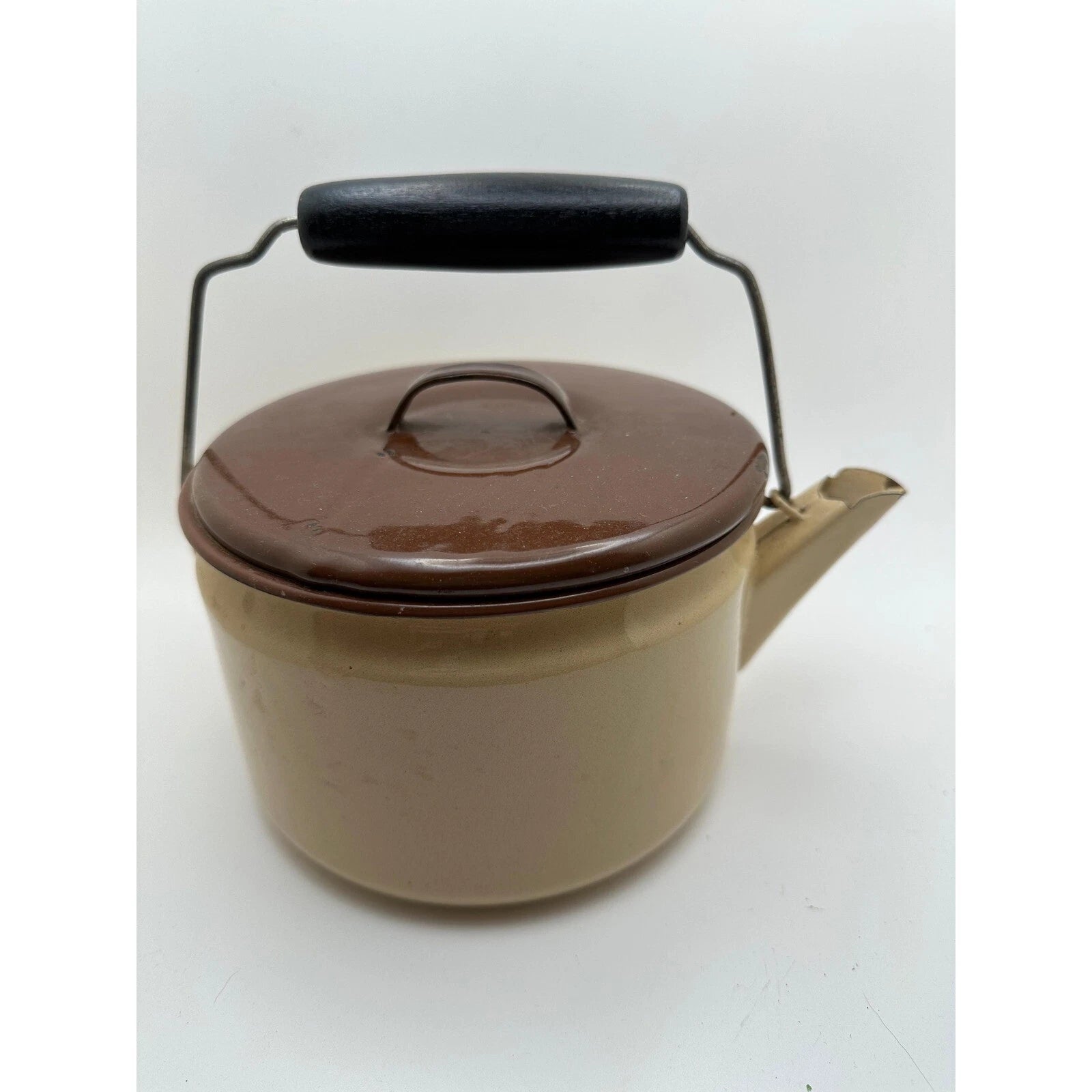 Vintage Tan and Brown Lid Enamelware Teapot