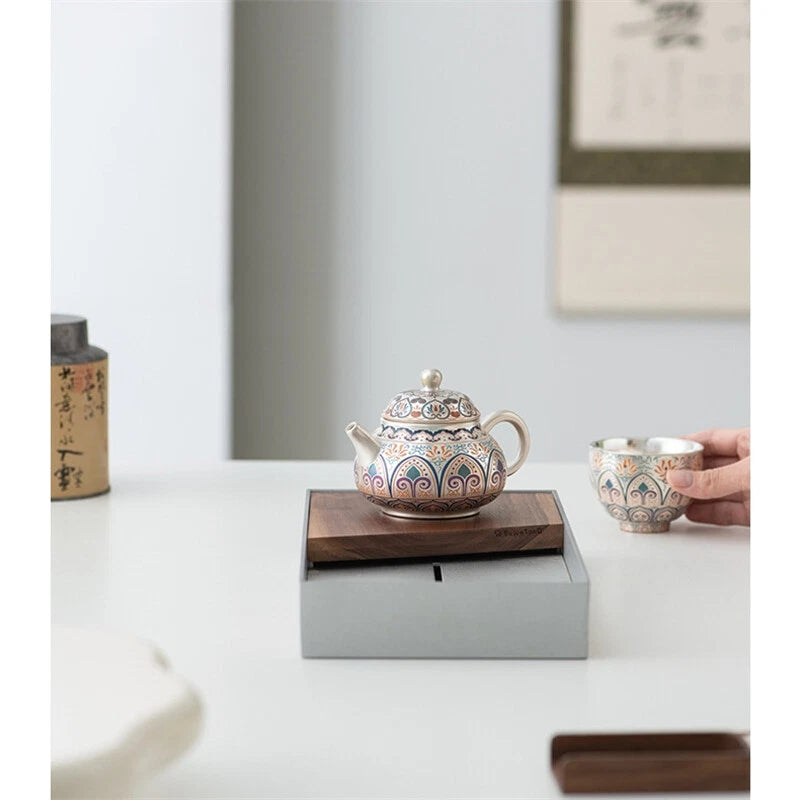 999 Silver Enamel Color Fengming Pot Ceramic Silver Teapot Kung Fu Tea Set Cups